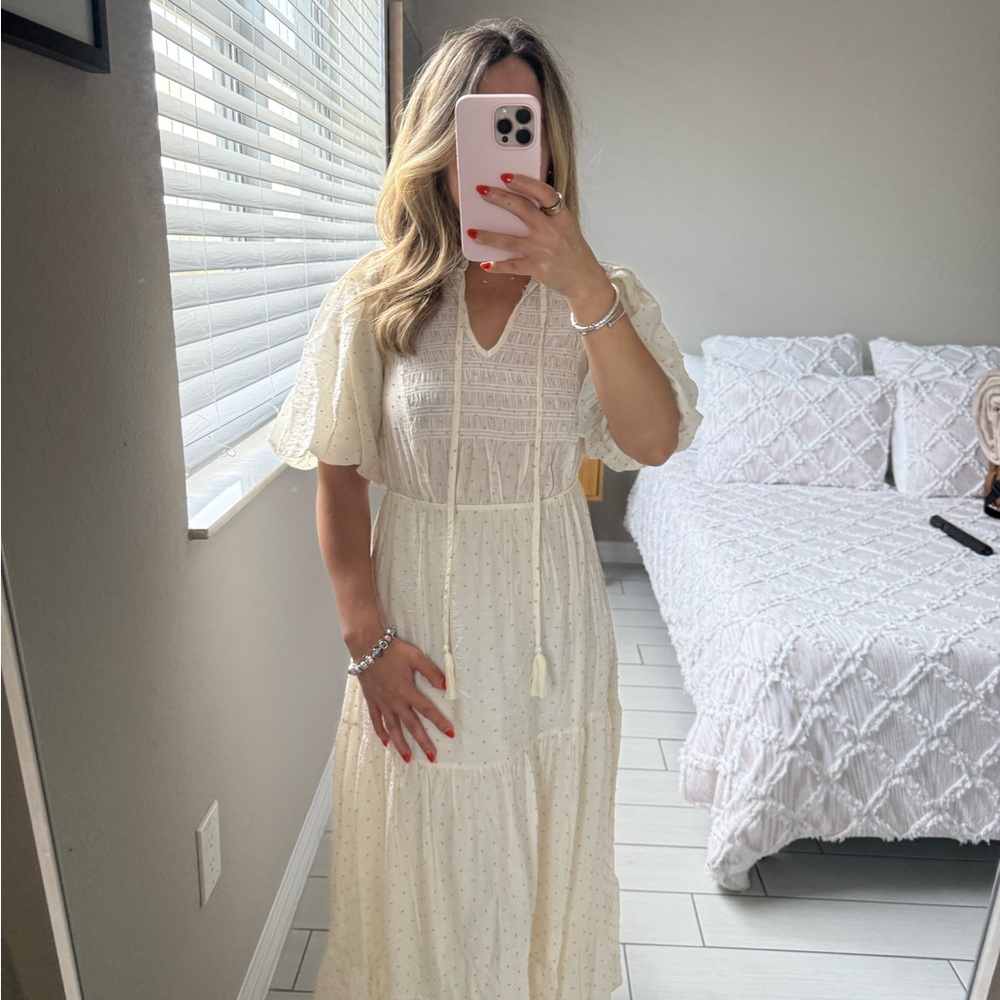 Moon River Cream Pleated Maxi Sundress
